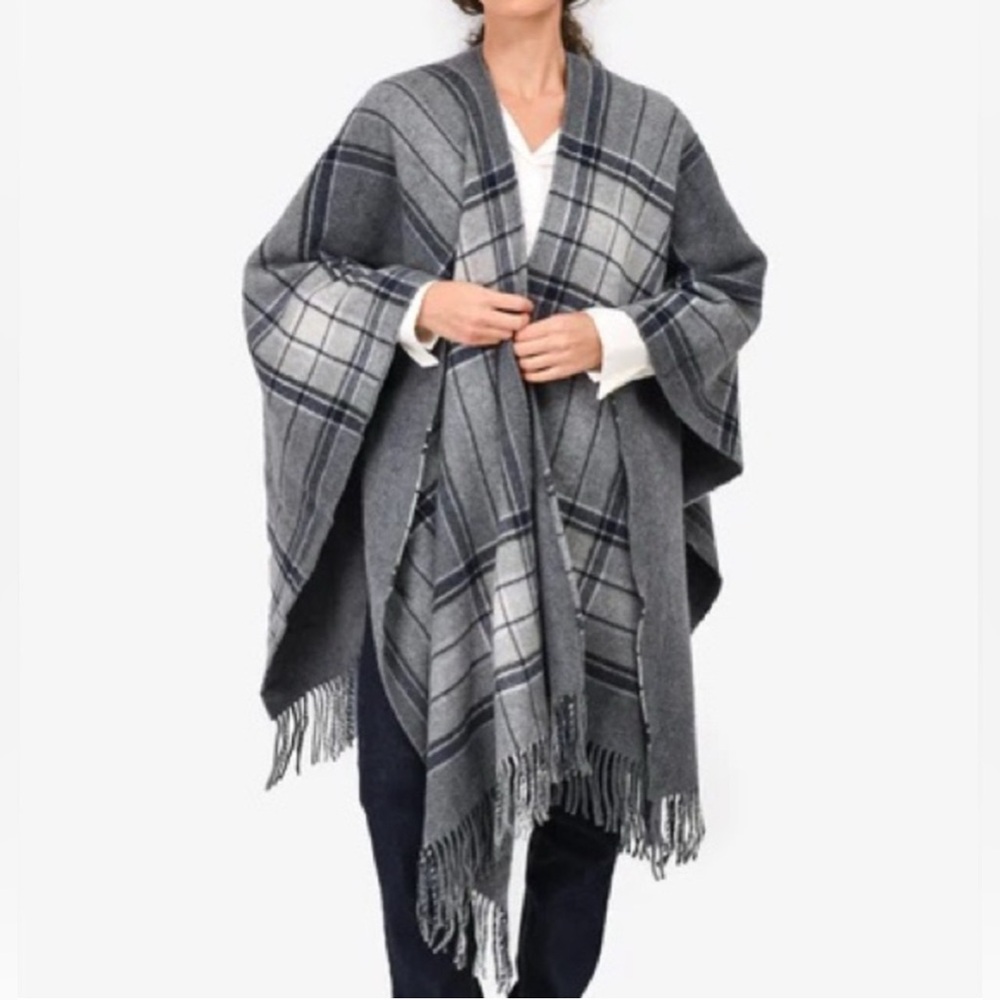 Theory Saiome Wool Plaid Reversible Cape Shawl Poncho